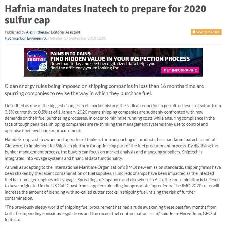 HAFNIA PLANS FOR SHIPPING EMISSIONS CHALLENGE IN 2020 BY MANDATING INATECH