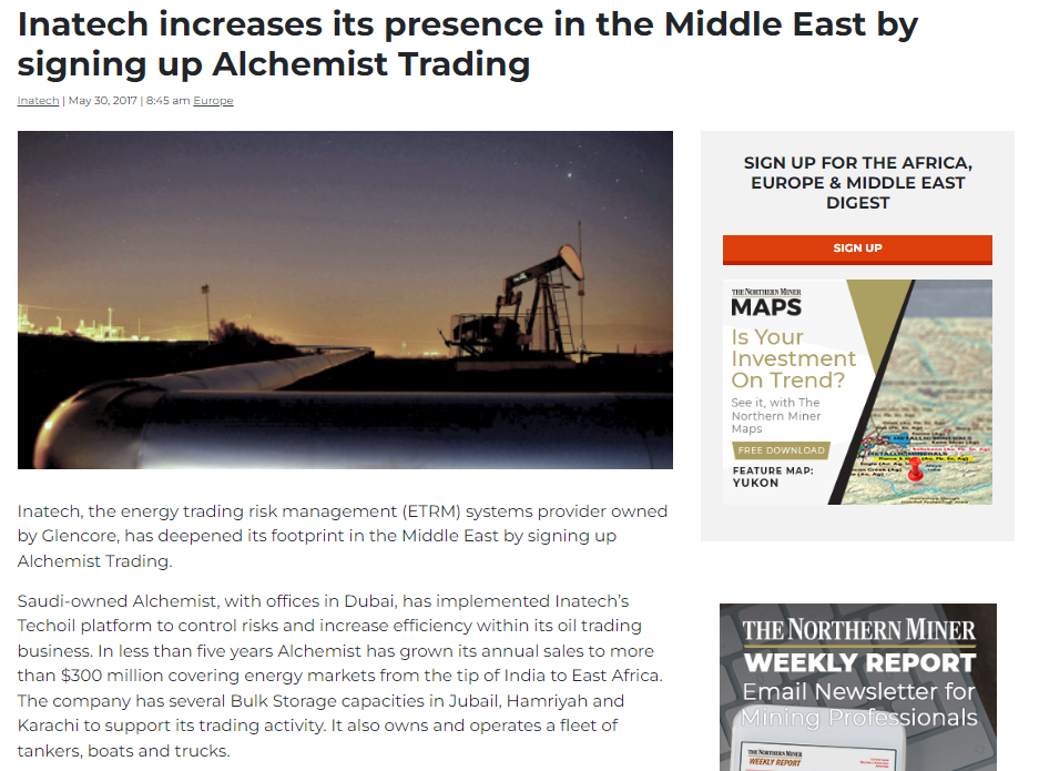 INATECH INCREASES ITS PRESENCE IN THE MIDDLE EAST BY SIGNING UP ALCHEMIST TRADING INATECH INCREASES ITS PRESENCE IN THE MIDDLE EAST BY SIGNING UP ALCHEMIST TRADING